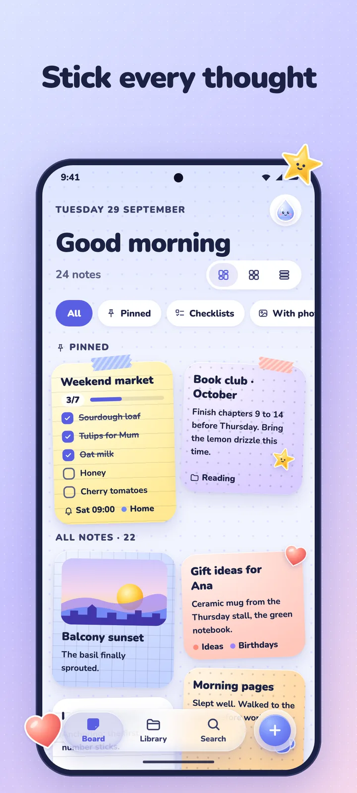 The Pebblo board: a wall of colourful sticky notes with a pinned checklist