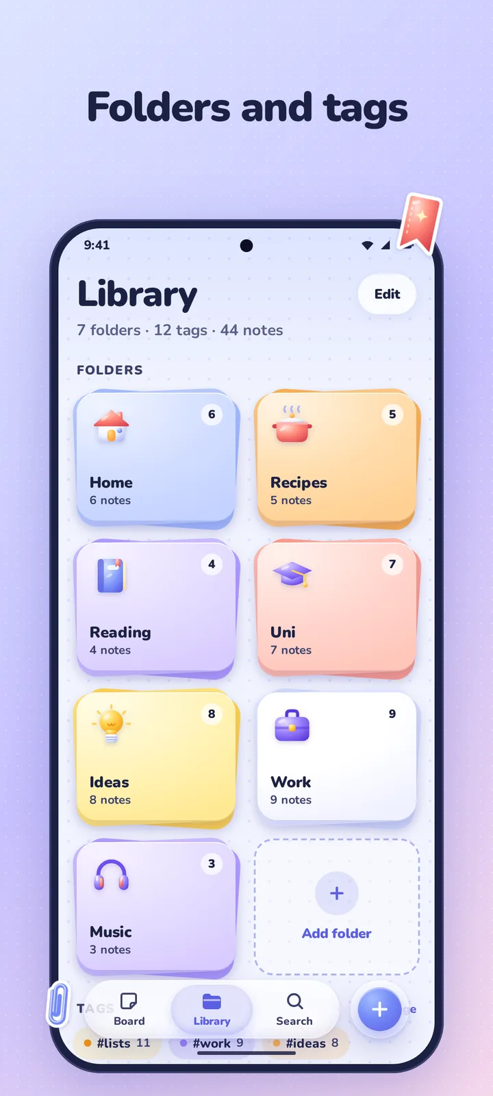 The Pebblo library with folders and a cloud of tags